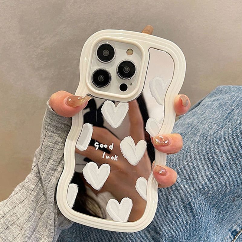 Korean White Heart Makeup Mirror Cute Phone Cases For iPhone 14 Pro Max 13 11 12 14 Plus XS X XR - Touchy Style .