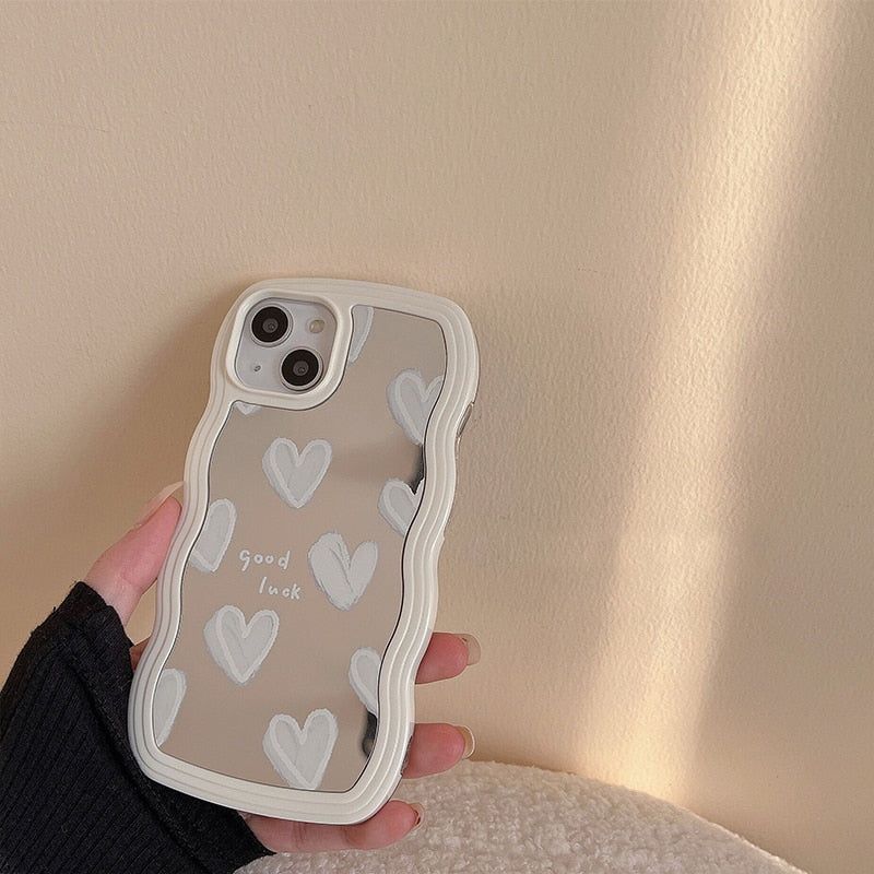 Korean White Heart Makeup Mirror Cute Phone Cases For iPhone 14 Pro Max 13 11 12 14 Plus XS X XR - Touchy Style .
