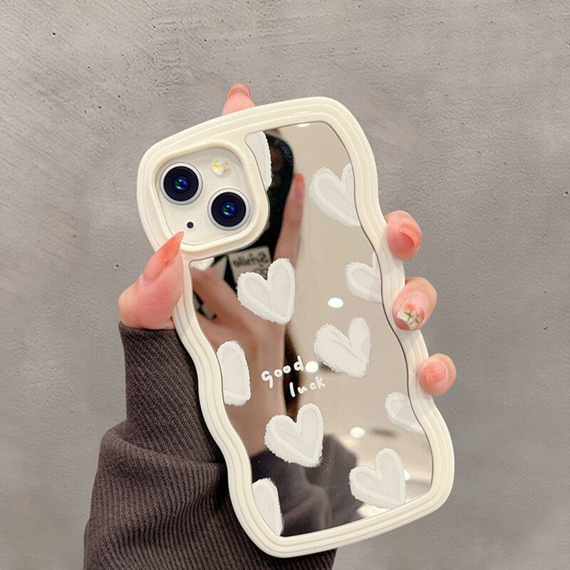 Korean White Heart Makeup Mirror Cute Phone Cases For iPhone 14 Pro Max 13  11 12 14 Plus XS X XR