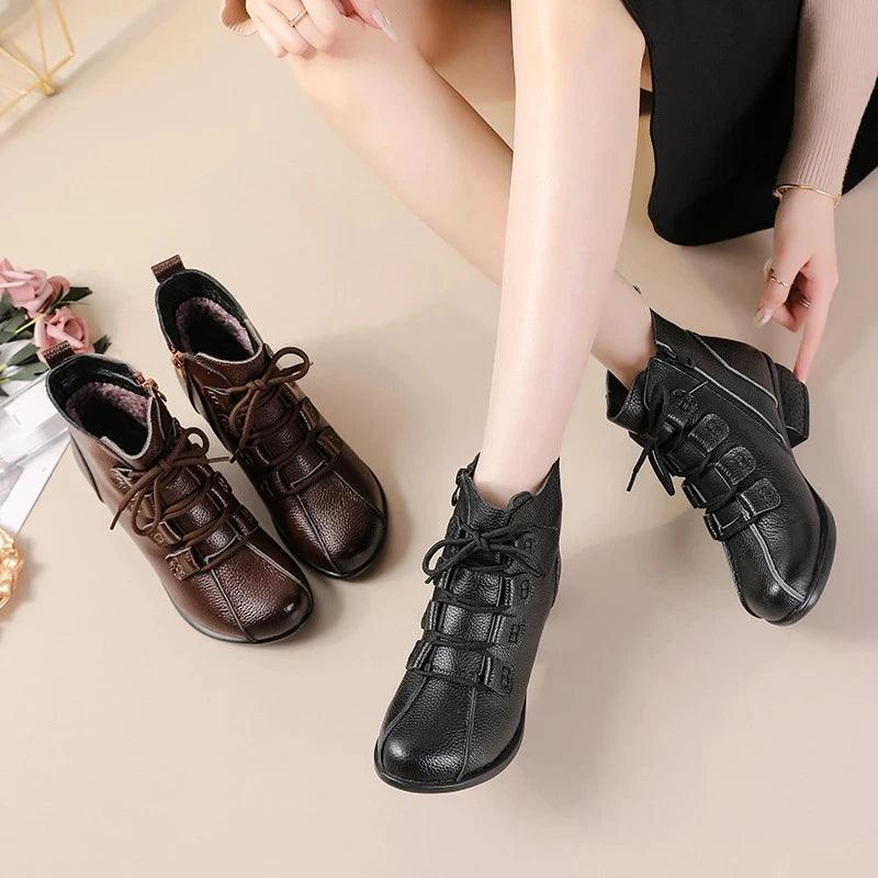Lace-Up Heeled Women's Casual Shoes - Brown Genuine Leather Ankle Boots ...