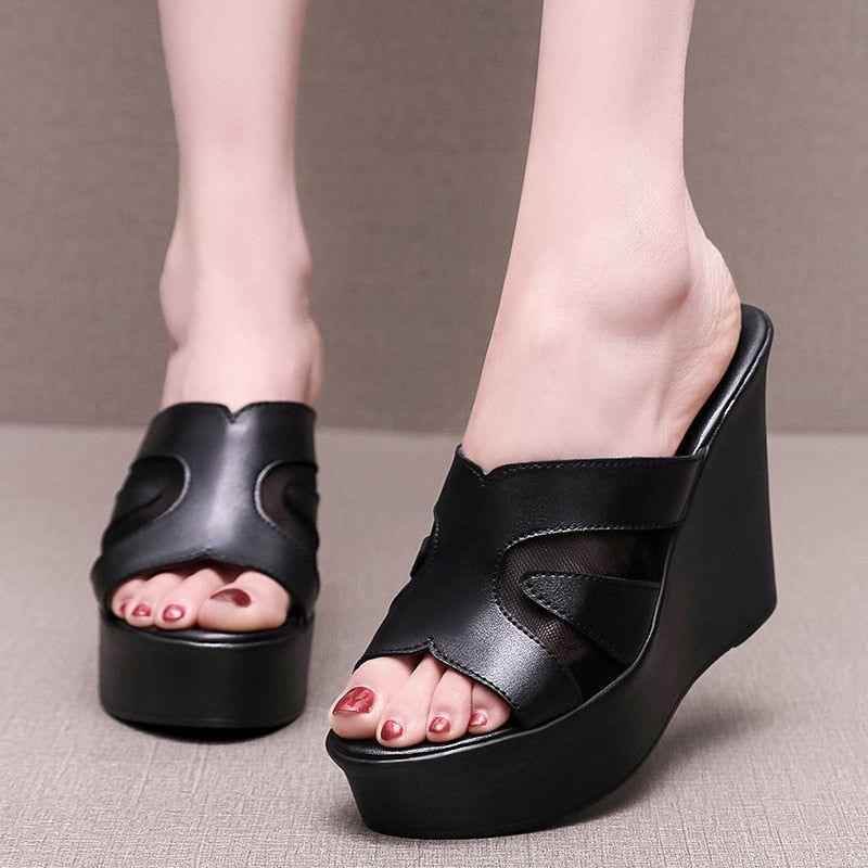 Leather High Heels Slippers - Women&