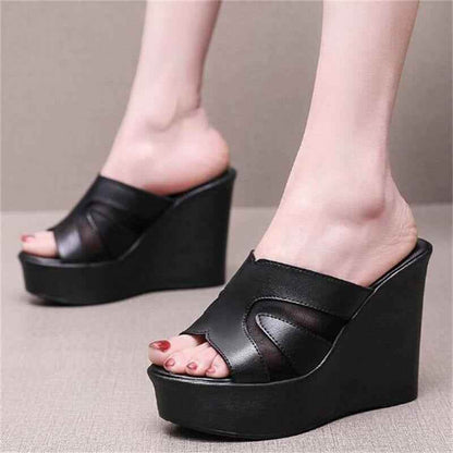 Leather High Heels Slippers - Women&