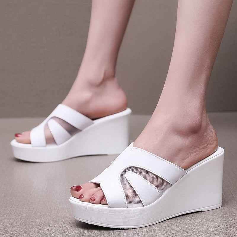 Leather High Heels Slippers - Women&