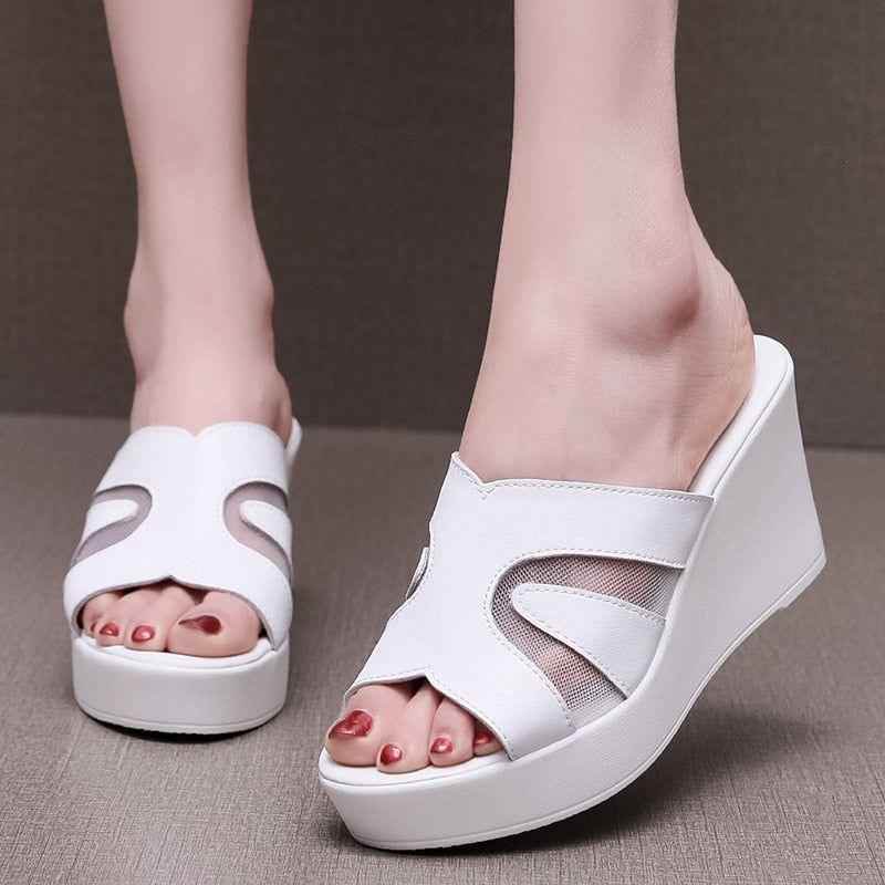 Leather High Heels Slippers - Women&