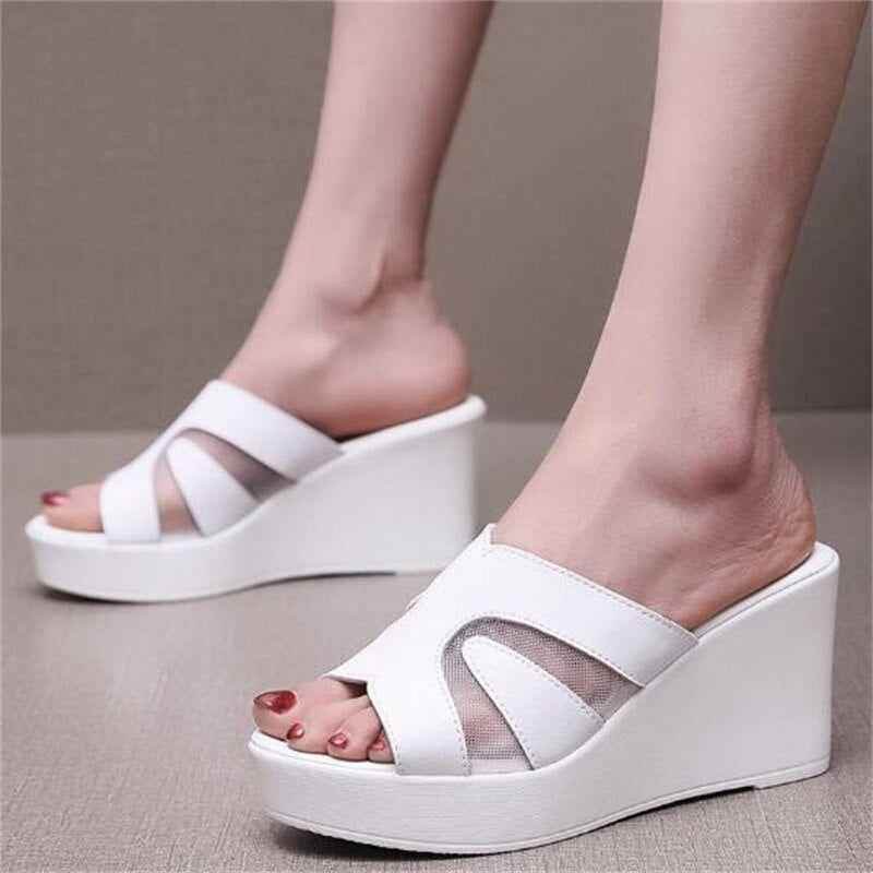 Leather High Heels Slippers - Women&