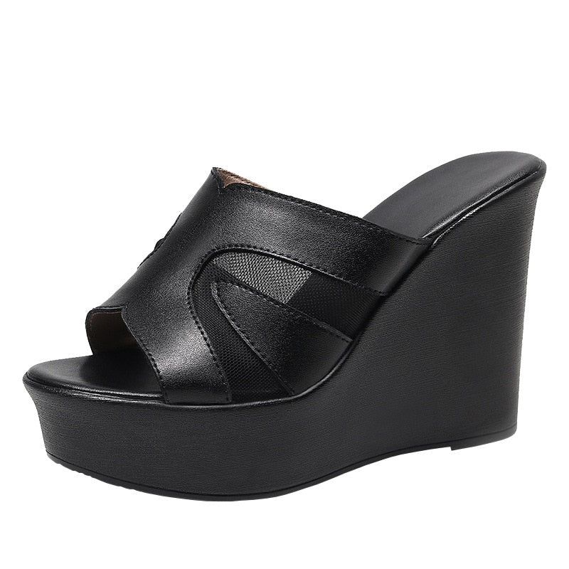 Leather High Heels Slippers - Women&