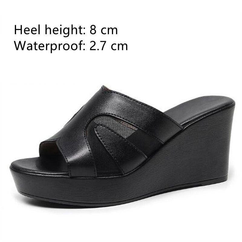 Leather High Heels Slippers - Women&