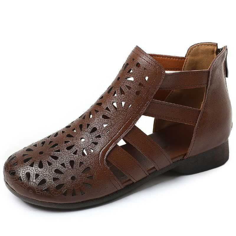 Leather Hollow Boots Flat Sandals - Women&
