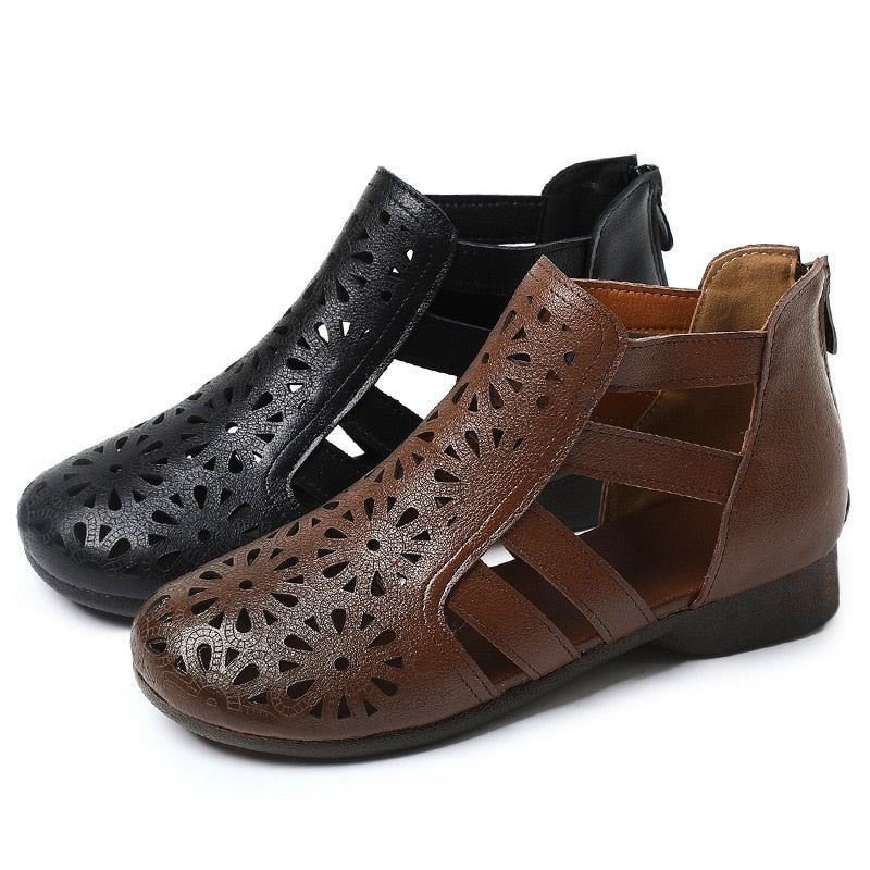 Leather Hollow Boots Flat Sandals - Women&