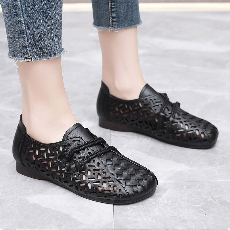 Leather Hollow Sandals Sneakers - Women&