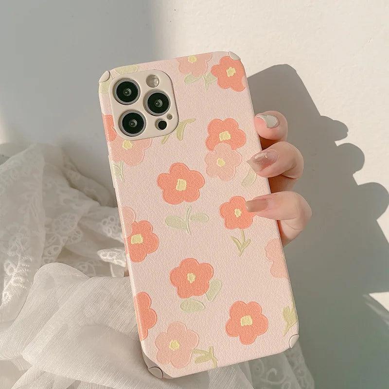 leather Pinky Flowers Cute Phone Cases For iPhone 13 12 11 Pro Max X Xs Max Xr 7 8 Plus SE 2020 - Touchy Style .