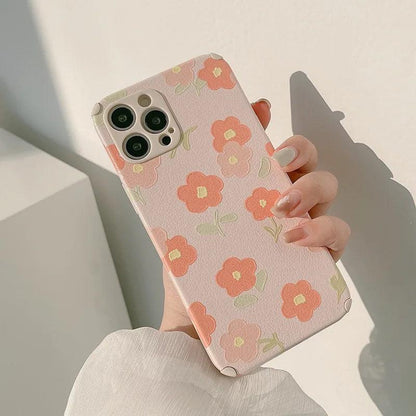 leather Pinky Flowers Cute Phone Cases For iPhone 13 12 11 Pro Max X Xs Max Xr 7 8 Plus SE 2020 - Touchy Style .