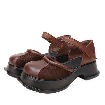 Leather Thick Heel Sandals - Women&