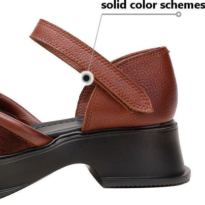 Leather Thick Heel Sandals - Women&