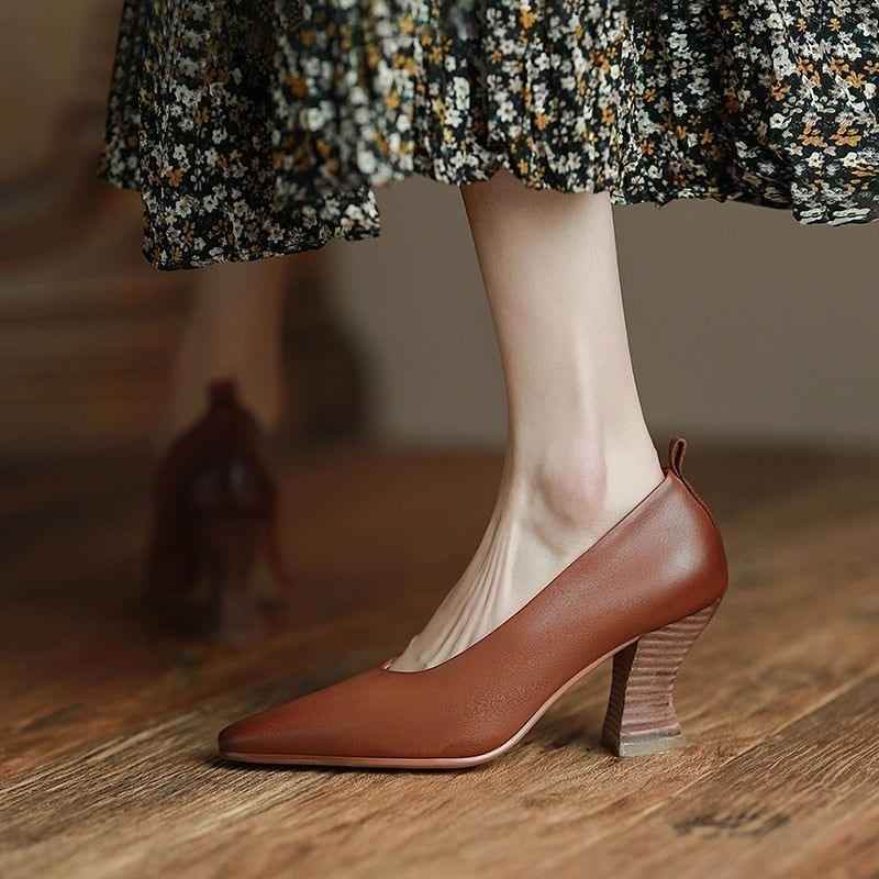 Leather Thick Heels Pumps - Women&