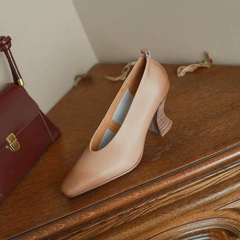 Leather Thick Heels Pumps - Women&