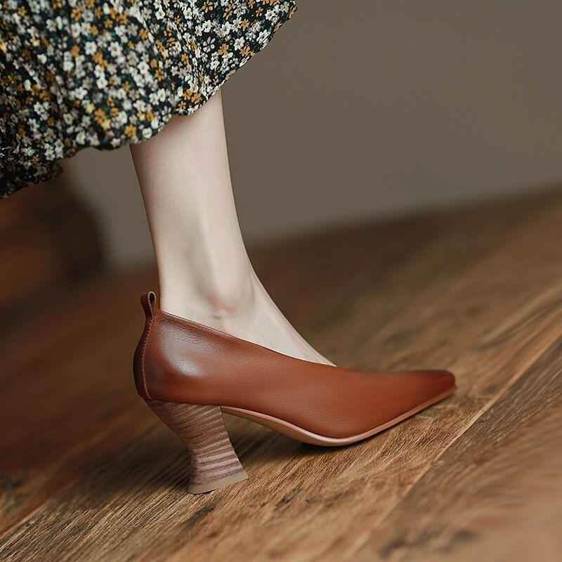 Leather Thick Heels Pumps - Women&