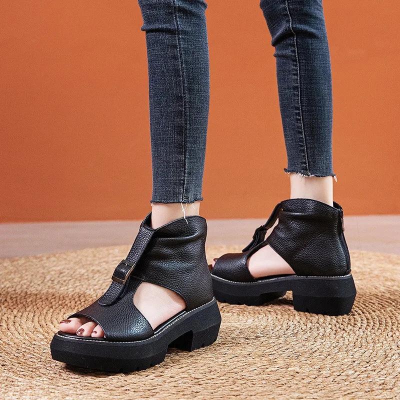 Leather Wedges Heels Gladiator Sandals Women&