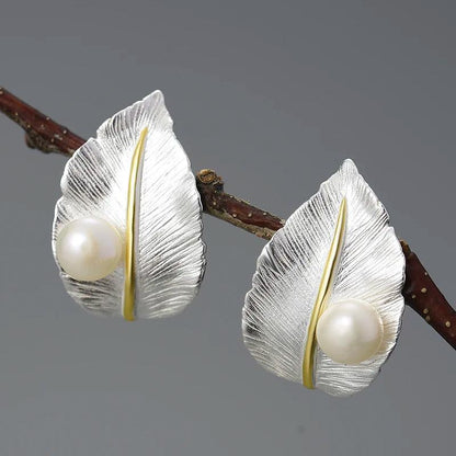 LFJA0119 Pearl Big Leaf Stud Earrings Charm Jewelry - 925 Sterling Silver - Touchy Style .