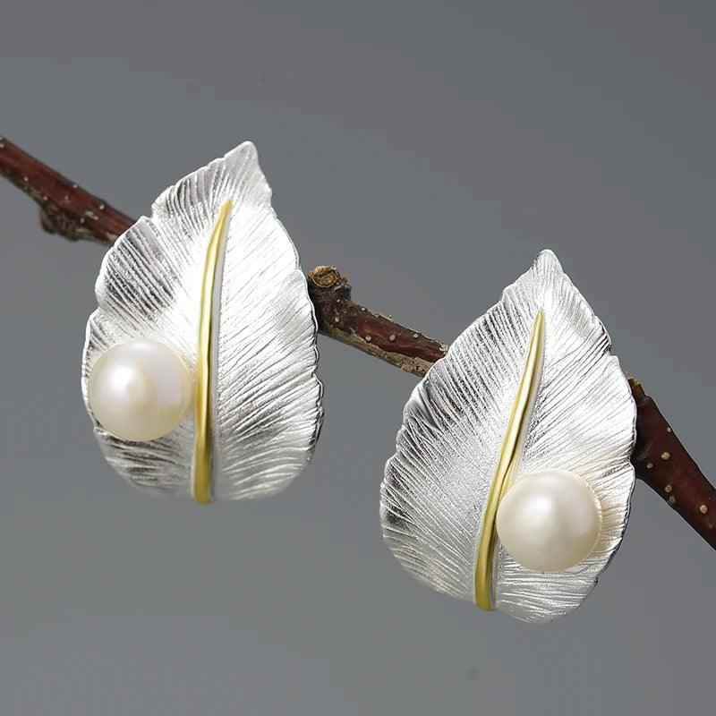 LFJA0119 Pearl Big Leaf Stud Earrings Charm Jewelry - 925 Sterling Silver - Touchy Style