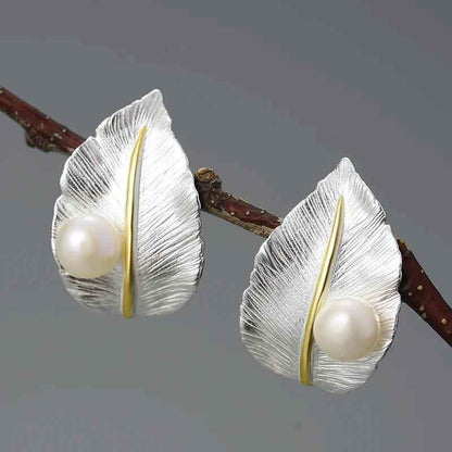 LFJA0119 Pearl Big Leaf Stud Earrings Charm Jewelry - 925 Sterling Silver - Touchy Style