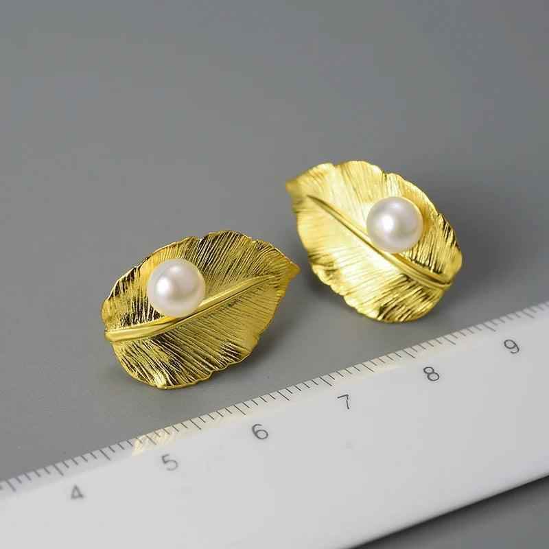 LFJA0119 Pearl Big Leaf Stud Earrings Charm Jewelry - 925 Sterling Silver - Touchy Style