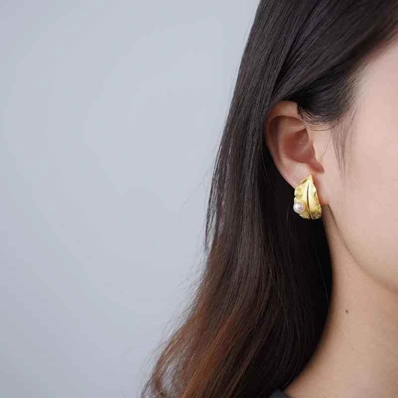 LFJA0119 Pearl Big Leaf Stud Earrings Charm Jewelry - 925 Sterling Silver - Touchy Style