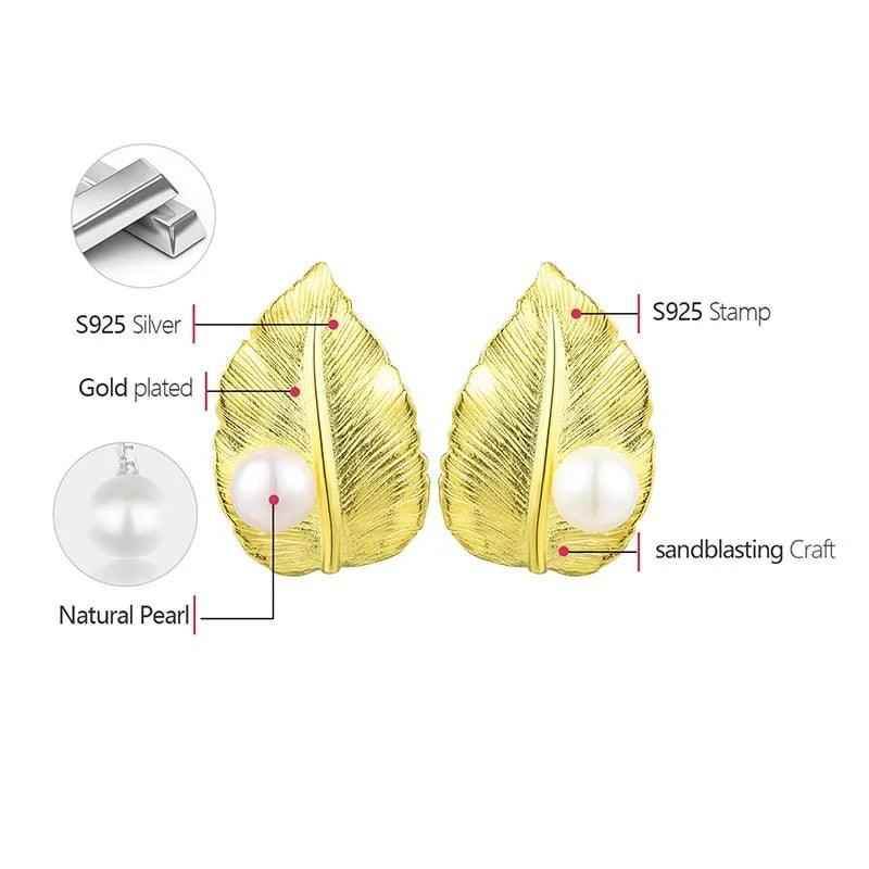 LFJA0119 Pearl Big Leaf Stud Earrings Charm Jewelry - 925 Sterling Silver - Touchy Style