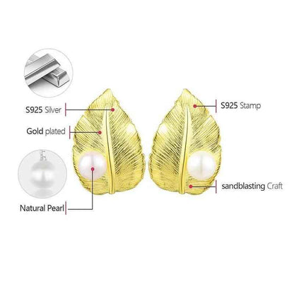 LFJA0119 Pearl Big Leaf Stud Earrings Charm Jewelry - 925 Sterling Silver - Touchy Style