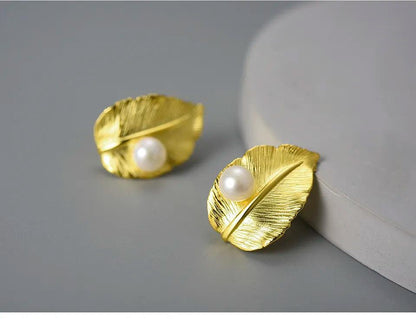 LFJA0119 Pearl Big Leaf Stud Earrings Charm Jewelry - 925 Sterling Silver - Touchy Style .