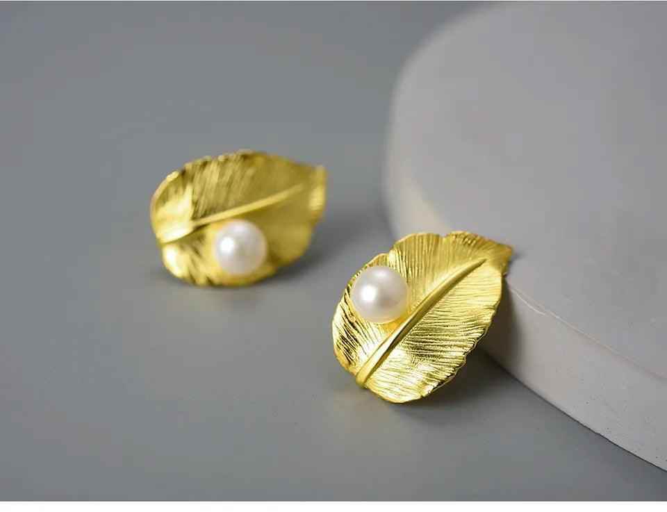 LFJA0119 Pearl Big Leaf Stud Earrings Charm Jewelry - 925 Sterling Silver - Touchy Style