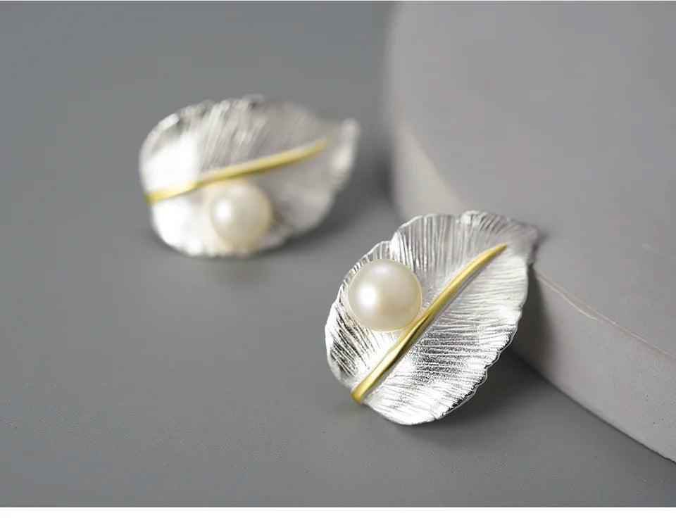 LFJA0119 Pearl Big Leaf Stud Earrings Charm Jewelry - 925 Sterling Silver - Touchy Style .