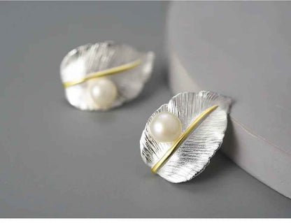 LFJA0119 Pearl Big Leaf Stud Earrings Charm Jewelry - 925 Sterling Silver - Touchy Style