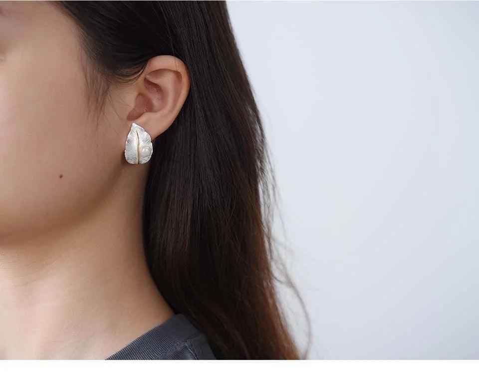 LFJA0119 Pearl Big Leaf Stud Earrings Charm Jewelry - 925 Sterling Silver - Touchy Style
