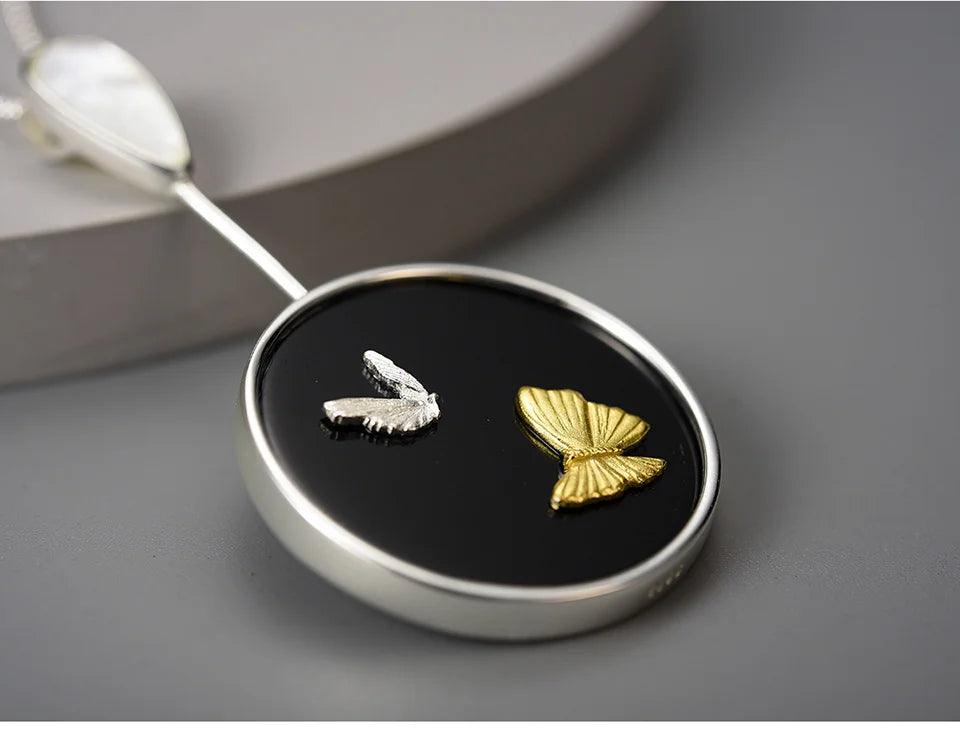 LFJE0209 Necklace Charm Jewelry - 925 Sterling Silver Round Stone - Flying Butterfly Pendant - Touchy Style