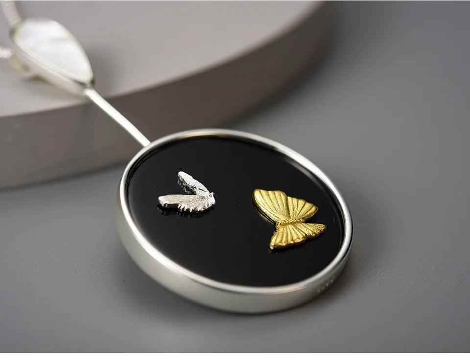 LFJE0209 Necklace Charm Jewelry - 925 Sterling Silver Round Stone - Flying Butterfly Pendant - Touchy Style