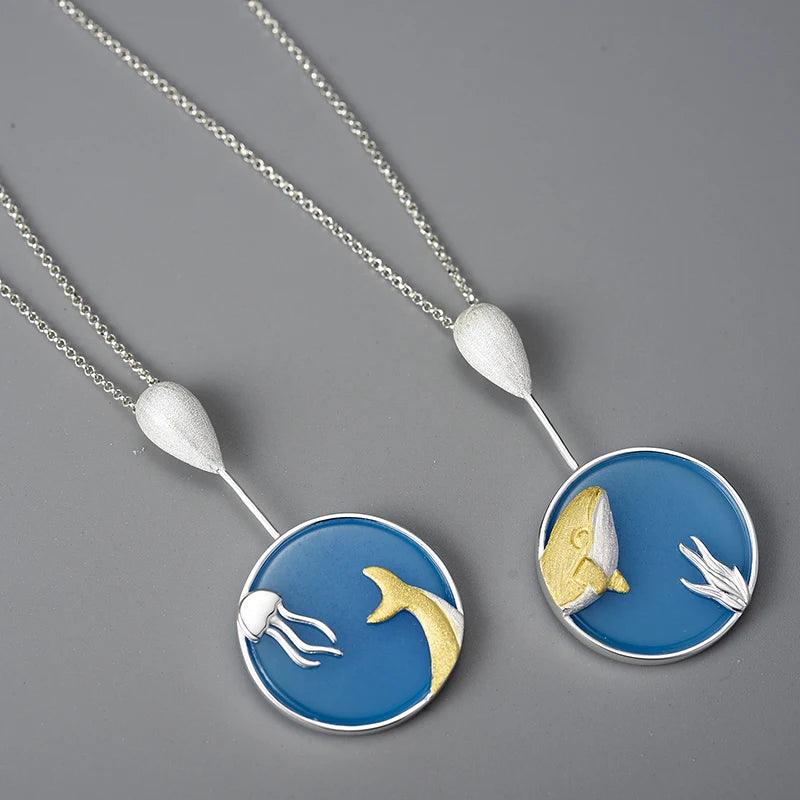 LFJE0228 Necklace Charm Jewelry - 925 Sterling Silver Agate Stone Underwater Whale Pendants - Touchy Style