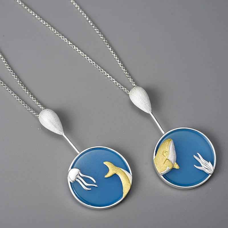 LFJE0228 Necklace Charm Jewelry - 925 Sterling Silver Agate Stone Underwater Whale Pendants - Touchy Style