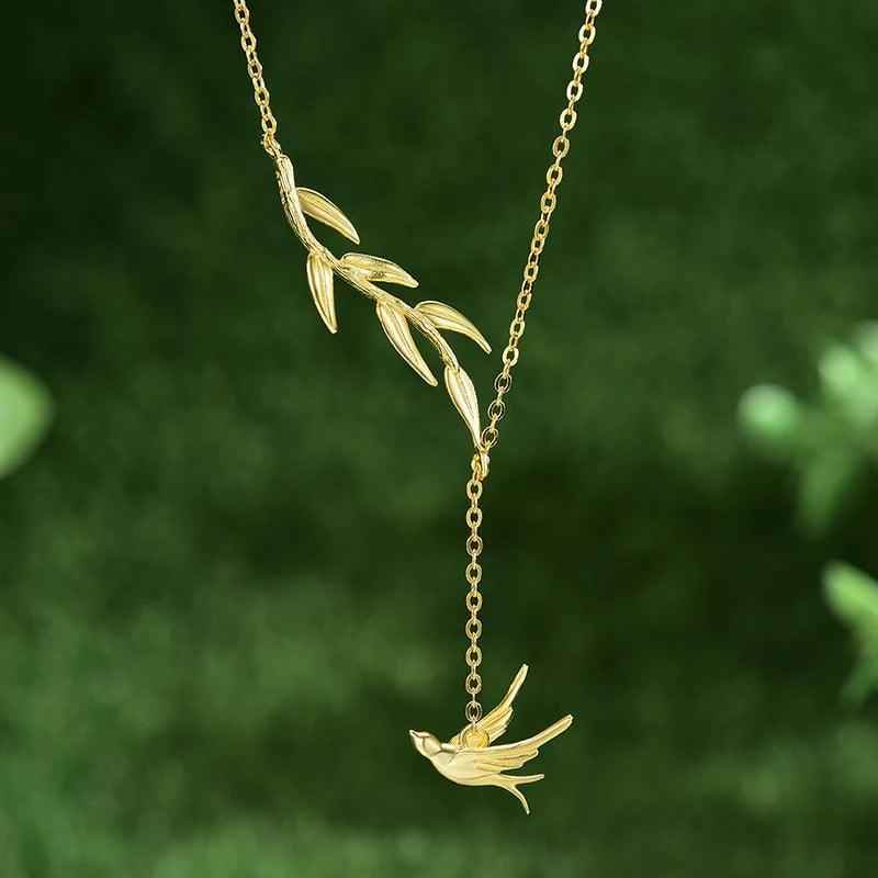 LFJF0082 Swallow Willow Branch Necklace Charm Jewelry - 925 Sterling Silver Chain - Touchy Style .