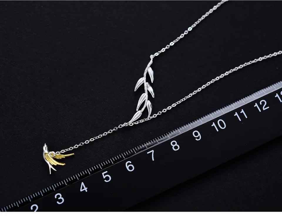 LFJF0082 Swallow Willow Branch Necklace Charm Jewelry - 925 Sterling Silver Chain - Touchy Style .