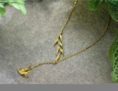 LFJF0082 Swallow Willow Branch Necklace Charm Jewelry - 925 Sterling Silver Chain - Touchy Style .