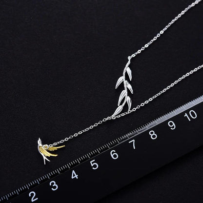 LFJF0082 Swallow Willow Branch Necklace Charm Jewelry - 925 Sterling Silver Chain - Touchy Style .