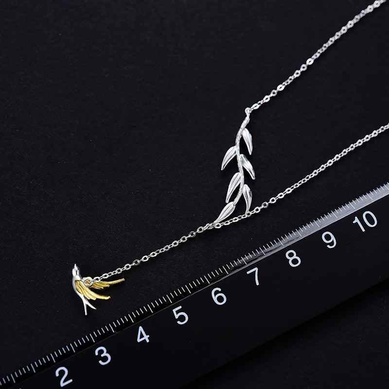 LFJF0082 Swallow Willow Branch Necklace Charm Jewelry - 925 Sterling Silver Chain - Touchy Style .