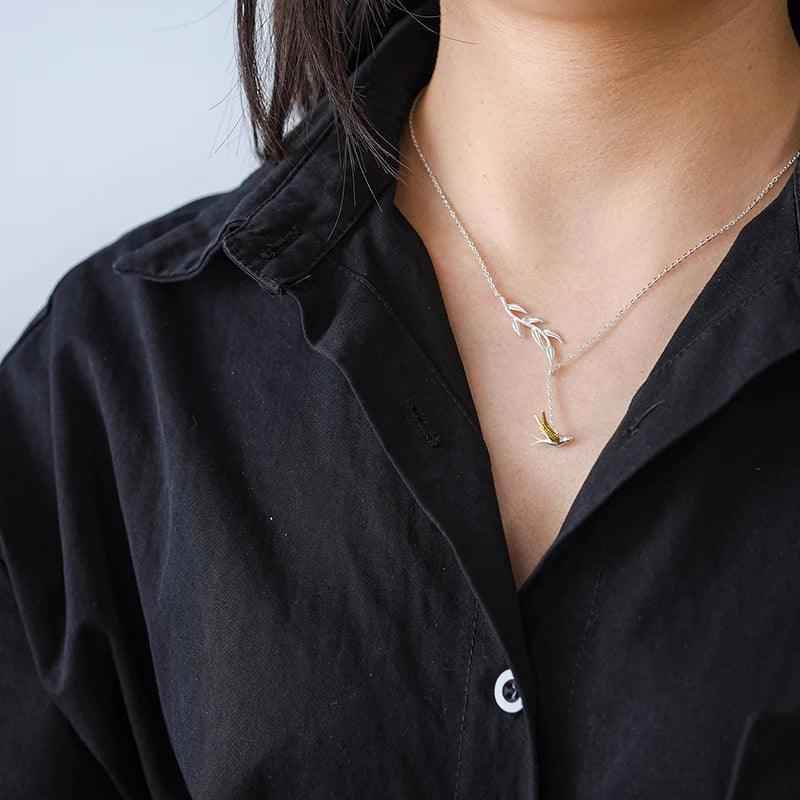 LFJF0082 Swallow Willow Branch Necklace Charm Jewelry - 925 Sterling Silver Chain - Touchy Style