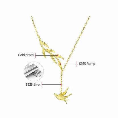 LFJF0082 Swallow Willow Branch Necklace Charm Jewelry - 925 Sterling Silver Chain - Touchy Style