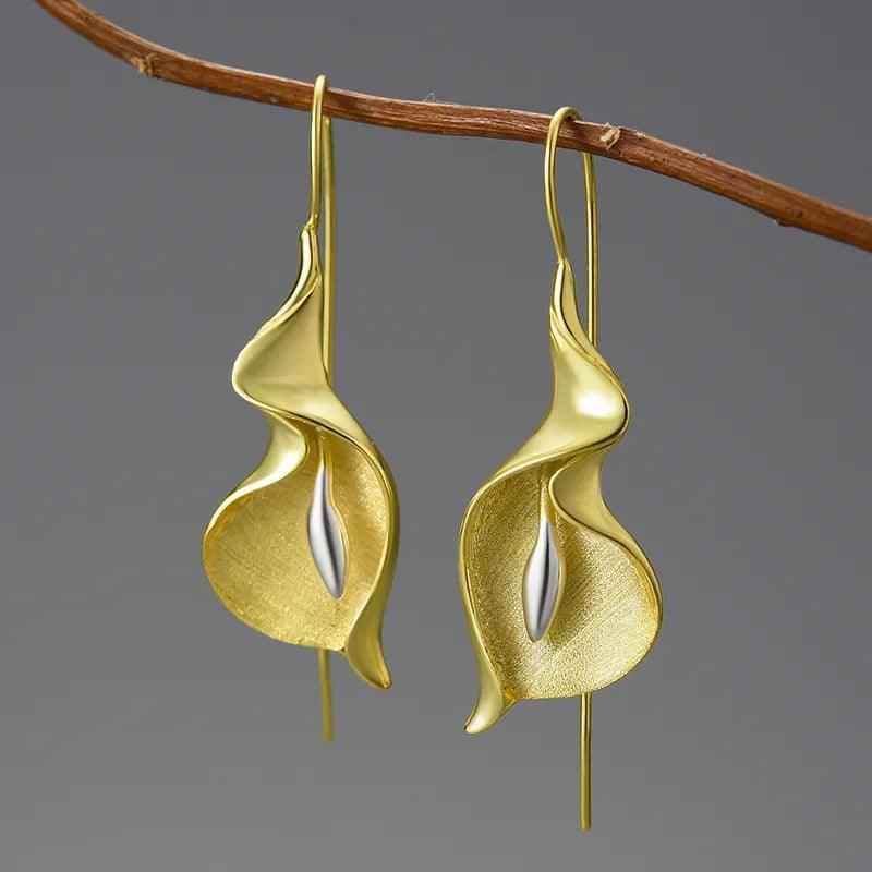Long Hanging Calla Lily Flower Dangle Earrings: 925 Sterling Silver Charm Jewelry (LFJB0287) - Touchy Style