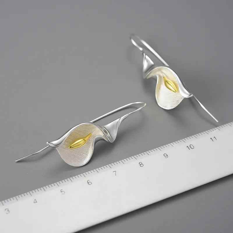 Long Hanging Calla Lily Flower Dangle Earrings: 925 Sterling Silver Charm Jewelry (LFJB0287) - Touchy Style