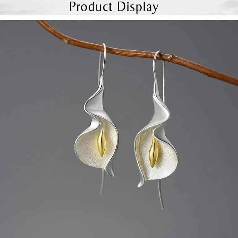 Long Hanging Calla Lily Flower Dangle Earrings: 925 Sterling Silver Charm Jewelry (LFJB0287) - Touchy Style