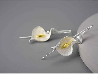 Long Hanging Calla Lily Flower Dangle Earrings: 925 Sterling Silver Charm Jewelry (LFJB0287) - Touchy Style
