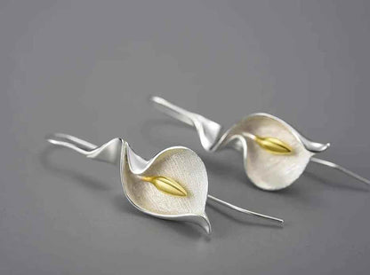 Long Hanging Calla Lily Flower Dangle Earrings: 925 Sterling Silver Charm Jewelry (LFJB0287) - Touchy Style